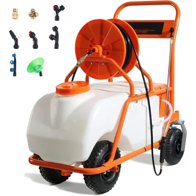 Battery Powered 15 Gallon Garden Weed Sprayer with Wheeled Cart, 126FT Hose with Reel, 8 Nozzles,