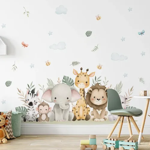 Autocollants muraux amovibles en PVC, animaux de dessin animé, Lions, éléphants, girafes, décor pour