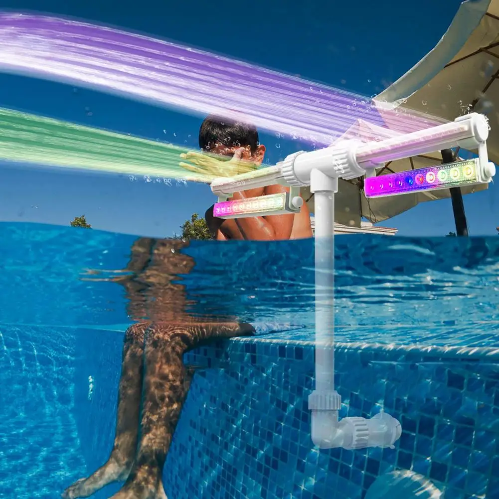 Fontaine de piscine 50x42cm avec lumière LED 7 couleurs, refroidisseur d'arrosage réglable à double pulvérisation d'eau pour piscine hors et dans le sol