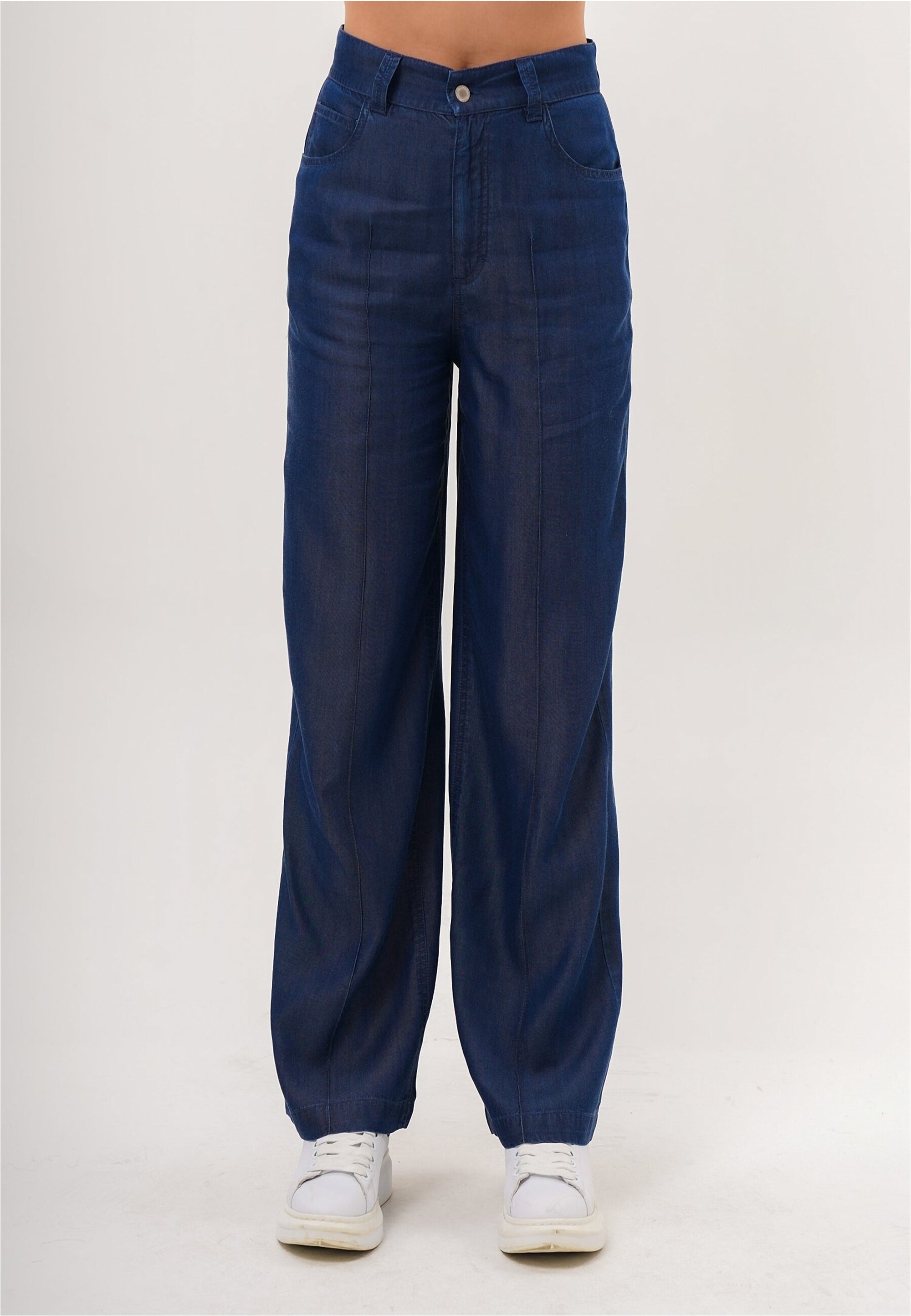 Stoffhose FRESHLIONS "Giona", Damen, Gr. M, EURO-Größen, blau (dunkelblau), 100% Lyocell, unifarben, lang, Hosen Stoffhose, mit angesagter Jeans-Optik