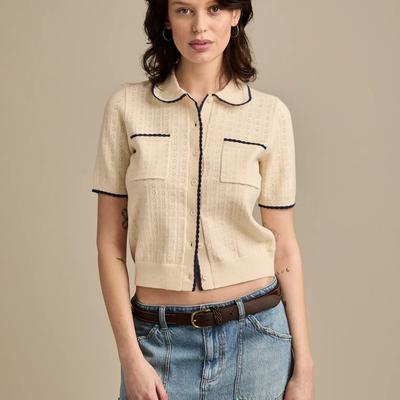 Lucky Brand Crochet Trim Short Sleeve Cardigan - Women's Clothing Tops Sweaters in Turtledove, Size S