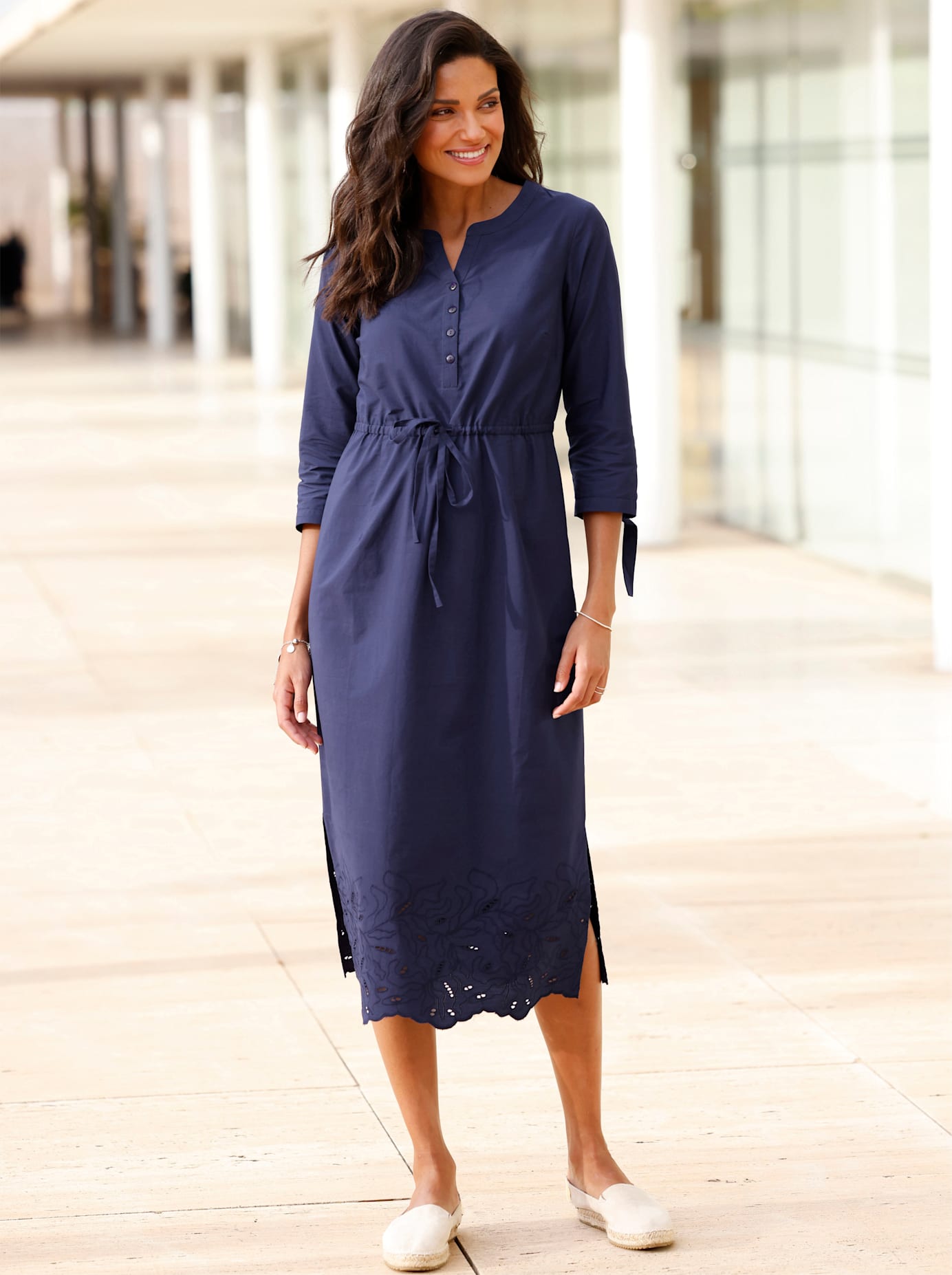 A-Linien-Kleid CLASSIC BASICS "A-Linien-Kleid", Damen, Gr. 54, Normalgrößen, blau (marine), 100% Baumwolle, gemustert, unifarben, wadenlang, Rundhals, Kleider