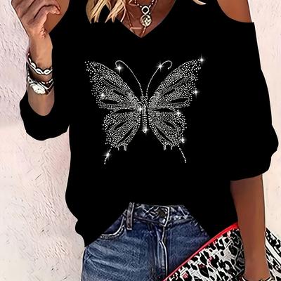TEMU Elegant V-neck Rhinestone Top For Women - Stylish Off-shoulder Black Blouse With Sparkling Embroidery, Casual Or Formal Occasions, Formal Attire| Embroidery|rhinestone Details Image