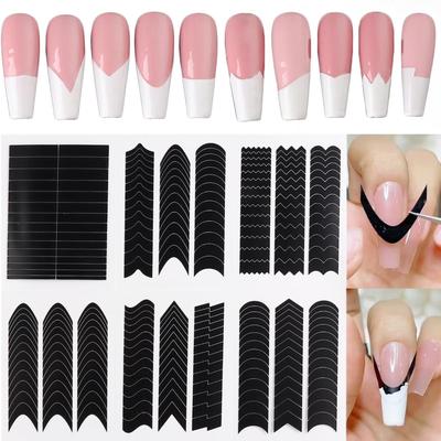 TEMU 6 Sheets French Tip Nail Stickers French Manicure Strips French Tips Guides Self-adhesive Nail Sticker French Tip Nail Tool Wave Lines Nail Tape For Nail Art Airbrush Stencils Set Image