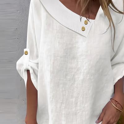 TEMU Stylish Women's Elegant Solid Color Asymmetrical Neck Long Sleeve Loose Casual Shirt For Spring And Summer Image