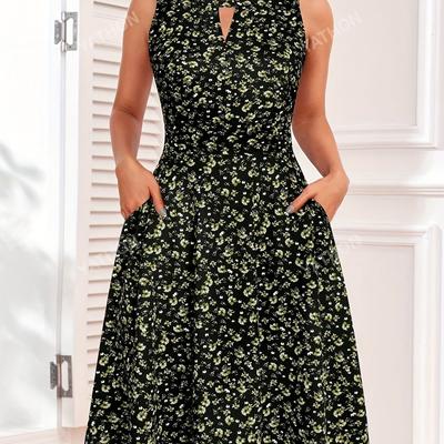 TEMU Elegant Floral Print A-line Dress With Keyhole Neckline & Hidden Zipper - Sleeveless Dress For Women, Green With White Floral Patterns, Casual Or Formal Occasions, Floral Dres Image