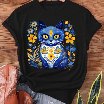 TEMU Y-flower Ukrainian Cat Print T-shirt, Short-sleeved Crew Neck Casual Top Suitable For Summer And Spring, Women's Apparel. Image