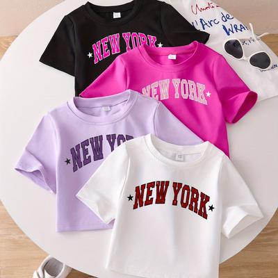 TEMU Girls' Fashion Letter New T-shirt, Soft And Stretchy Round Neck Short Sleeve T, 's Summer Top, Crop T-shirt Set Of 4 Image