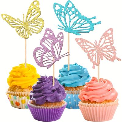TEMU 24pcs Glitter Cupcake Toppers - Multicolor Wooden Picks For Weddings, Bridal Showers, Birthdays & Party Cake Decorations, Cake Decorating Supplies Image