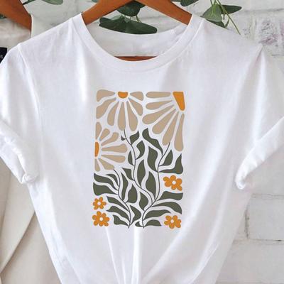TEMU Women's Casual Daisy Print T-shirt, Short Sleeve Round Neck, Floral Pattern, Spring/summer Top, Comfortable Clothing | Floral Print Top | Fabric Image