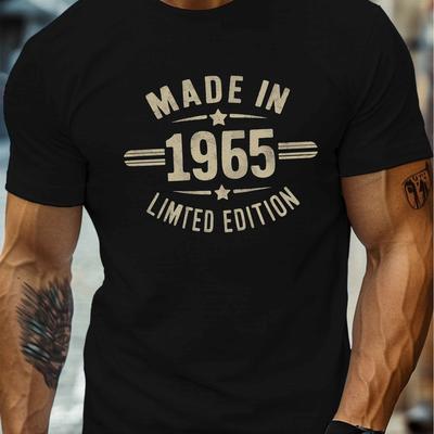 TEMU Made In 1965 Men's Crew Neck T-shirt – Casual Lightweight Summer Tee, Black With , Polyester , For Casual Attire Image