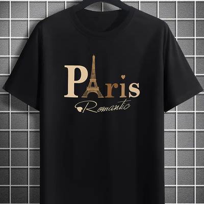 TEMU Chic Summer, Men' Paris-inspired Abstract Letter Print T-shirt - Casual Round Neck Short Sleeve Tee For Summer, Breathable Polyester, Machine Washable Image