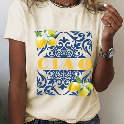 "TEMU Women's Casual Crew Neck T-shirt With Applique, Regular Fit, Spring/summer/fall, Drawing Pattern, "" Lemon Graphic Tee" Image