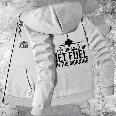 "TEMU Men's Trendy Airplane Print Hooded Jacket - "i Love The Smell Of In The Morning" Design, Gray Casual Zip-up For Fall/winter With Pockets, Slim Fit, Polyester Blend, Machine Washable" Image