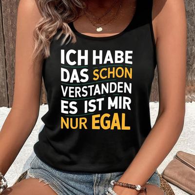 TEMU Women's Sleeveless Casual Tank Top With Funny German Quote Print - Orange Loose Fit Summer V-neck Vest For Ladies, Ladies Tank Tops Image