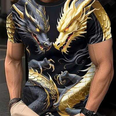 TEMU Men's Short Sleeve T-shirt With 3d Dragon Design - Black & Golden Casual Round Neck Tee, Regular -season Wear, Machine Washable For Men & Teen Boys Image