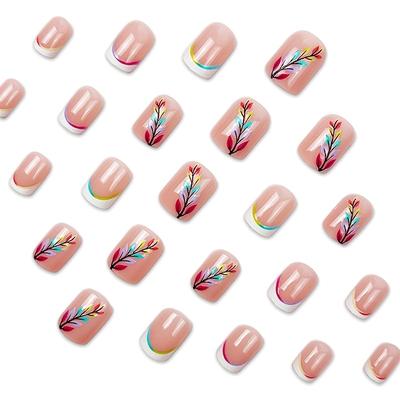 TEMU 24pcs Glossy Press On Nails With Rainbow Lines & - Short Square Artificial Reusable False Nails For Women - Shiny Mixed Colors, Easy Application, & Stylish Image
