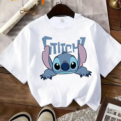 TEMU Stitch Graphic Print T-shirt, Women's Casual Short Sleeve Crew Neck Tee, Micro-elastic Non-transparent Material, Fashion Top, Apparel | Design | Nontransparent Material Image