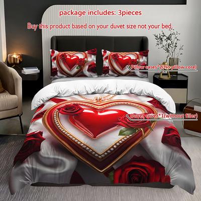 TEMU 2/3pcs Luxury Heart Rose Flower Duvet Cover Set With 1 Duvet Cover + 1/2 Pillowcases Without Pillows, Home Dorm High-definition Print, 's Day Gift, Premium Bedroom Bedding Image