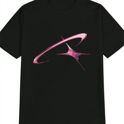 TEMU Men's Casual Graphic T-shirt - Black With Vibrant Pink Abstract Print, Round Neck, Short Sleeve, Loose Fit, Machine Washable, Summer Style, Image