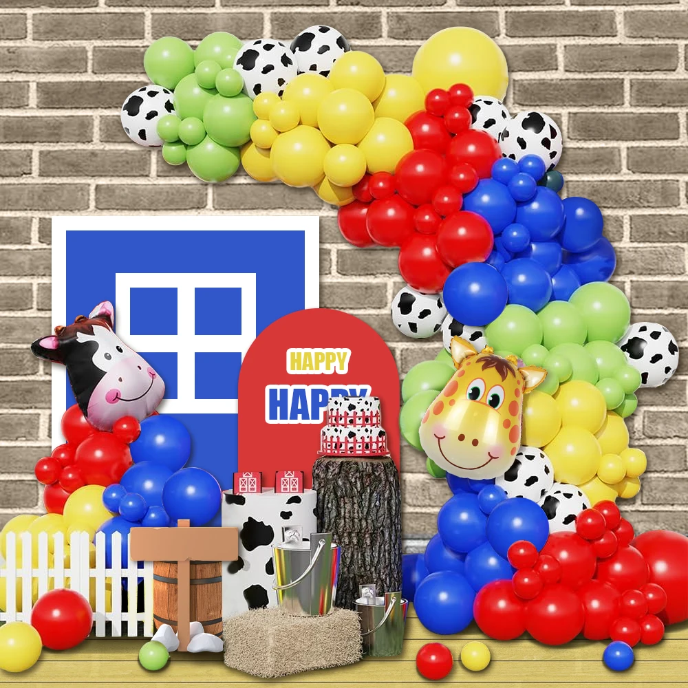 115-teiliges Kuhballon-Bogen-Girlanden-Set, Bauernhoftier-Party-Dekoration, Rot, Gelb, Blau, Grün, Tierdruck, Ballon, geeignet für Bauernhaus, Scheune, Geburtstag, Western-Cowboy-Dusche, Partyzubehör Image