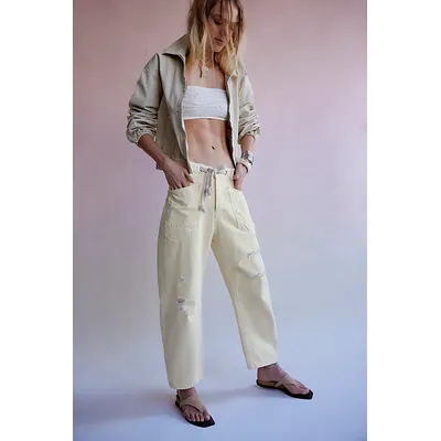 We The Free Moxie Pull-On Barrel Jeans at Free People in Lemon Icing, Size: 30
