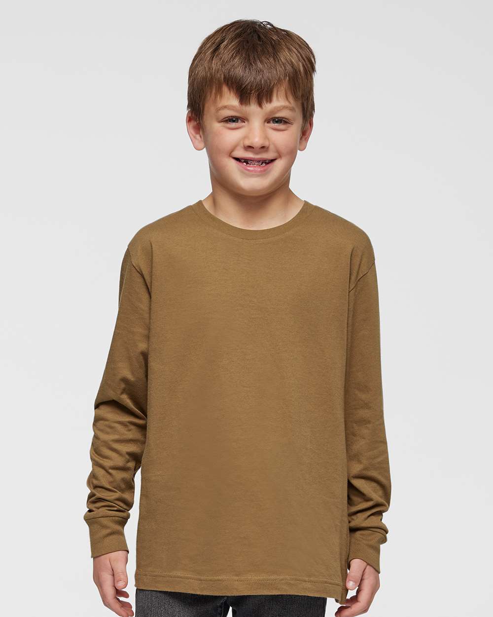 LAT 6201 Youth Lng Slv Fine Jersey Top in Coyote Brown size Large | Cotton LA6201