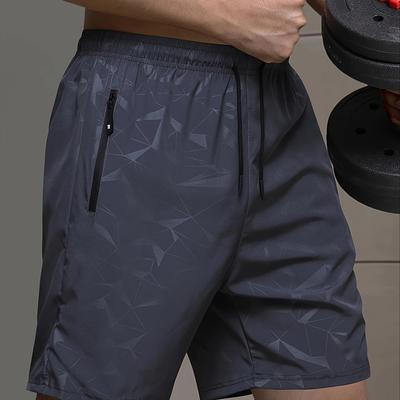 TEMU Men's Lightweight Quick-dry Breathable Shorts - Black Geometric Pattern, Elastic Waistband With Drawstring, Pockets For Sports, Casual, Beach, And Outdoor Activities Image