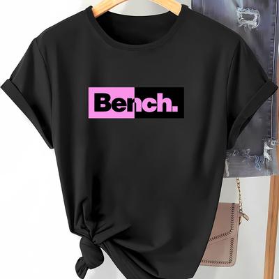 "TEMU Women's Casual "bench" Print Short Sleeve T-shirt - Design, Stretchy Polyester & Spandex Blend, Sporty & Sexy Y2k Style, Outdoor Wear, Outdoor Casual Wear | Print Top | , Ladies T Shirts" Image