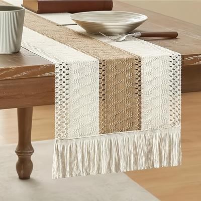 TEMU 1pc Bohemian Linen Crochet Tablecloth With Tassels - Striped Polyester For Valentine's Day And Easter Party Decoration Image