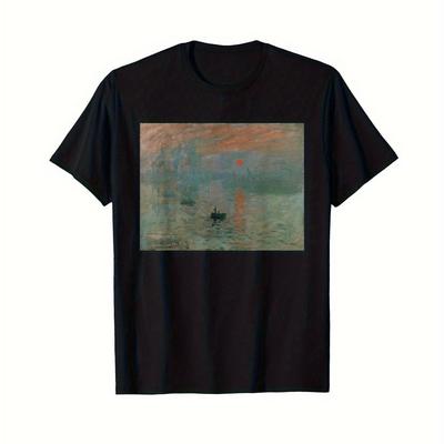 TEMU Mens -inspired Sunrise Art T-shirt - Black Cotton, Casual Crew Neck, Short Sleeve, Machine Washable, Wear Image