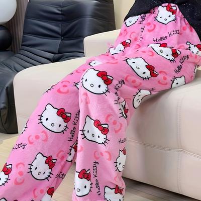 TEMU Cartoon For Hello Kitty Printed Pajama Pants, Autumn And Winter Sleepwear, Warm Long Pants For Indoor Wear. Ideal Gift For Image