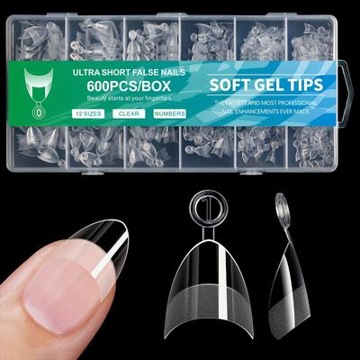 TEMU 600pcs Artificial Acrylic Square False Nail Tips - Design, Short Almond Shape, Glossy Finish, Transparent & Pastel Colors For Natural Look, Nail Art, And , Nail Accessories Image