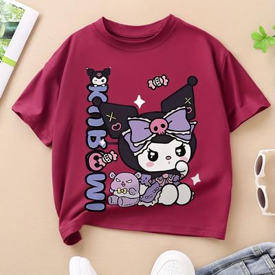 TEMU Kuromi Summer Kids T-shirt - Adorable Cartoon Print, Soft Pink Knit Fabric, Comfortable Crew Neck Short Sleeve Top 3+, Cute Girl Character Design With Heart And Bow, Wear, Durable Polyester Image