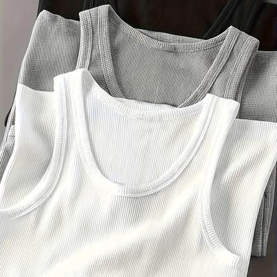 TEMU 3pcs Men's Summer Striped Tank Tops - Breathable & Comfortable Sleeveless Vests In Black, White, & Navy Blue - For Outdoor Activities, Outdoor Clothing | Striped Pattern | Polyester Blen Image