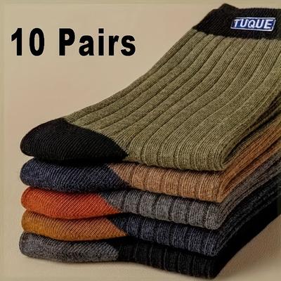 TEMU 10 Pairs Men's Mid-calf Socks, Solid Color, Breathable, Sweat Absorbent, Thick, Knit Fabric, 97.0% Polyester 3.0% Spandex, For Business Casual Sports Style, Anti-sweat, Sweat-resistant Image