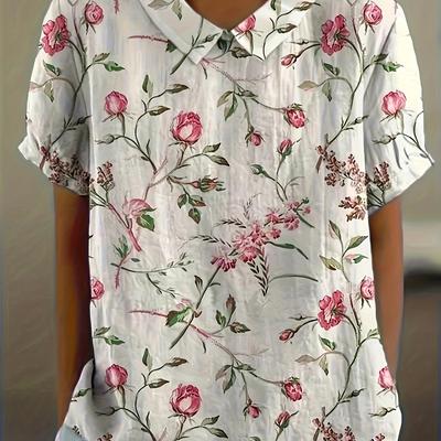TEMU Elegant Vacation Floral Print Loose- Size Blouse - Short Sleeve Button-up Shirt With Classic Collar, Machine Washable Spring/summer Casual Top For Women, Everyday , Comfortable Clothing Image