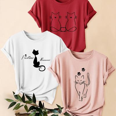 TEMU 3pcs Women's Cat Print T-shirts - Vintage Style, Short Sleeve Crew Neck, Medium Stretch, Casual Sporty Tops For Spring/summer/fall Image