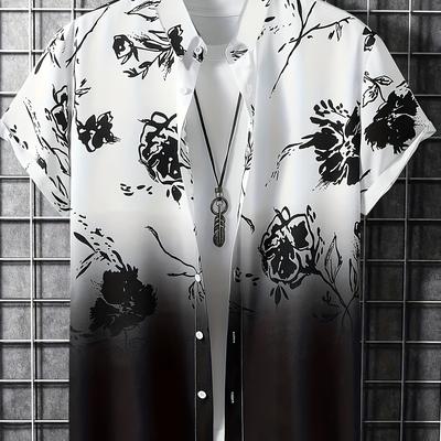 TEMU Men's Floral Hawaiian Shirt - Style, Short Sleeve, Polyester 100%, Non-stretch, Loose Fit, Single Breasted, Button Details, Vacation Lapel Collar, Woven Fabric, 117gsm - Casual Weekend Wear Image