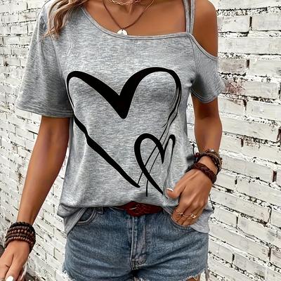TEMU Women' Off-shoulder Short Sleeve T-shirt With - Casual Gray Tee, Asymmetrical Neckline, All , Casual Wear | Heart Print Top | Asymmetrical Neckline Top Image