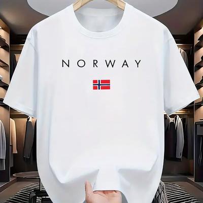 TEMU Men's Norway Flag Graphic T-shirt, Casual Crew Neck, Breathable Summer Tee, White With Design, Comfortable For Casual Attire And Outdoor Activities Image
