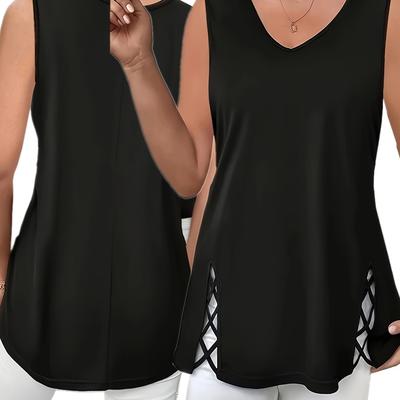 TEMU Women's Plus Size V-neck Sleeveless Tank Top With -front Straps & Cut-out Details - Loose Fit Flared Hem Black Top For Wear, Ladies Tank Tops, Versatile Fashion, Quality Construction Image