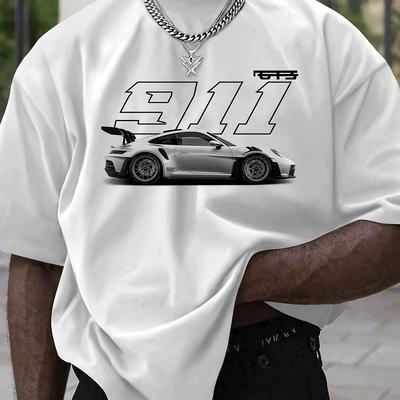 TEMU Men' With White Sports Car Graphic - Casual, Breathable Polyester, Crew Neck, Short Sleeve - Summer Workouts & Casual Attire, Workout Apparel|geometric Pattern|glossy Finish Image