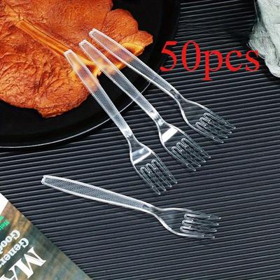 TEMU 50pcs Clear Food-grade Plastic Forks - Durable Ps Material, Elegant Design For Desserts, Salads, Pasta - Home, Parties, Weddings, Camping & Birthdays Image
