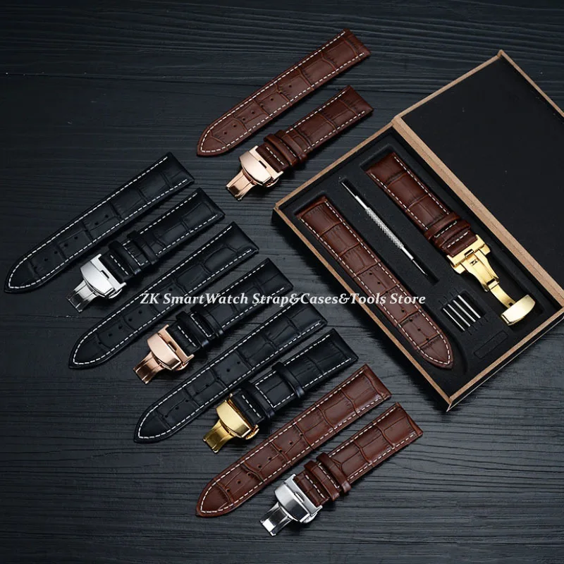 Echtes Rindsleder-Uhrenarmbänder mit Box, 14 mm, 16 mm, 18 mm, 19 mm, 20 mm, 22 mm, 24 mm, Uhrenarmband, Gürtel, Schmetterlingsverschluss Image