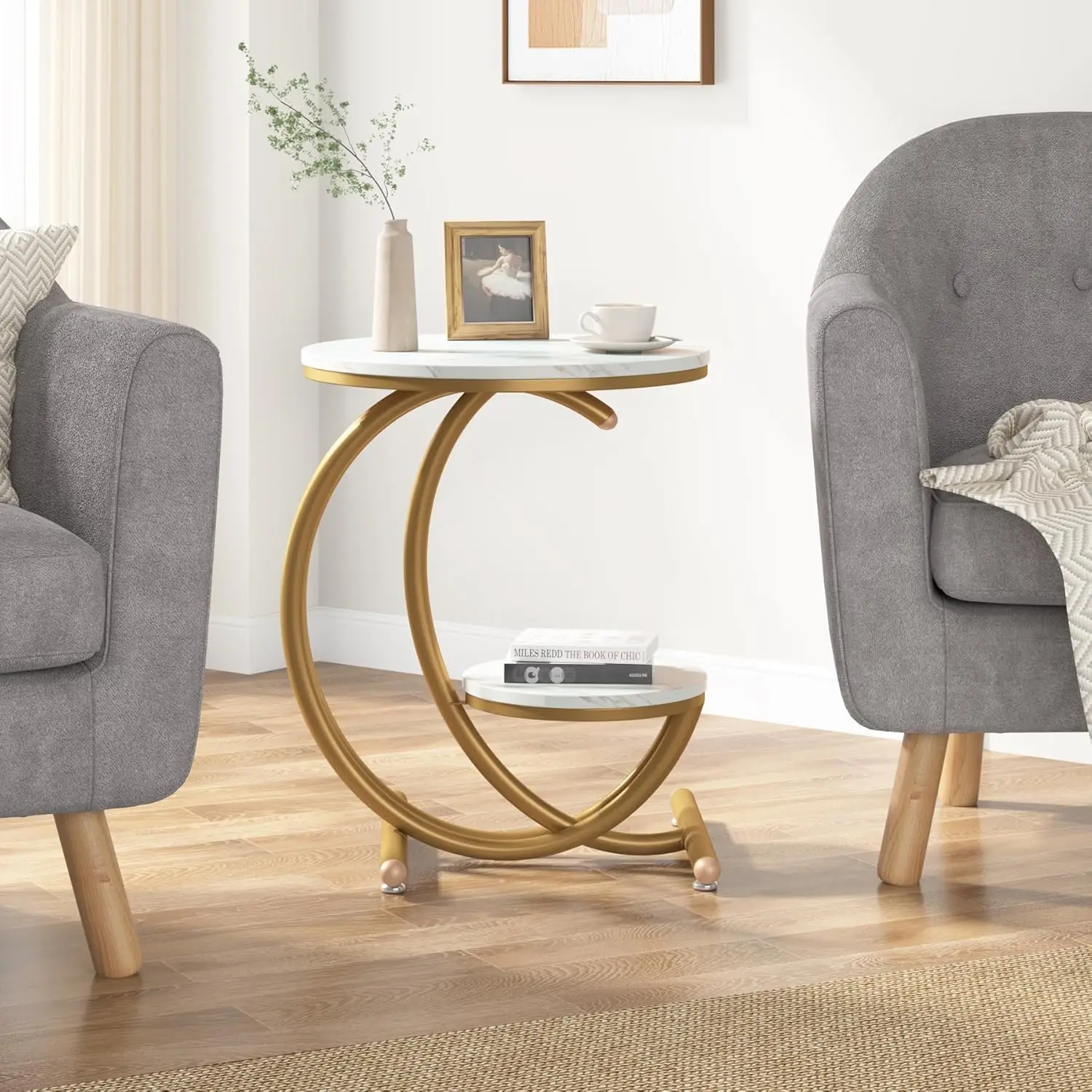 Beistelltisch, Beistelltisch aus Kunstmarmor mit 2-stufigem Ablagefach, moderner quadratischer Akzenttisch für Wohnzimmer, Schlafzimmer