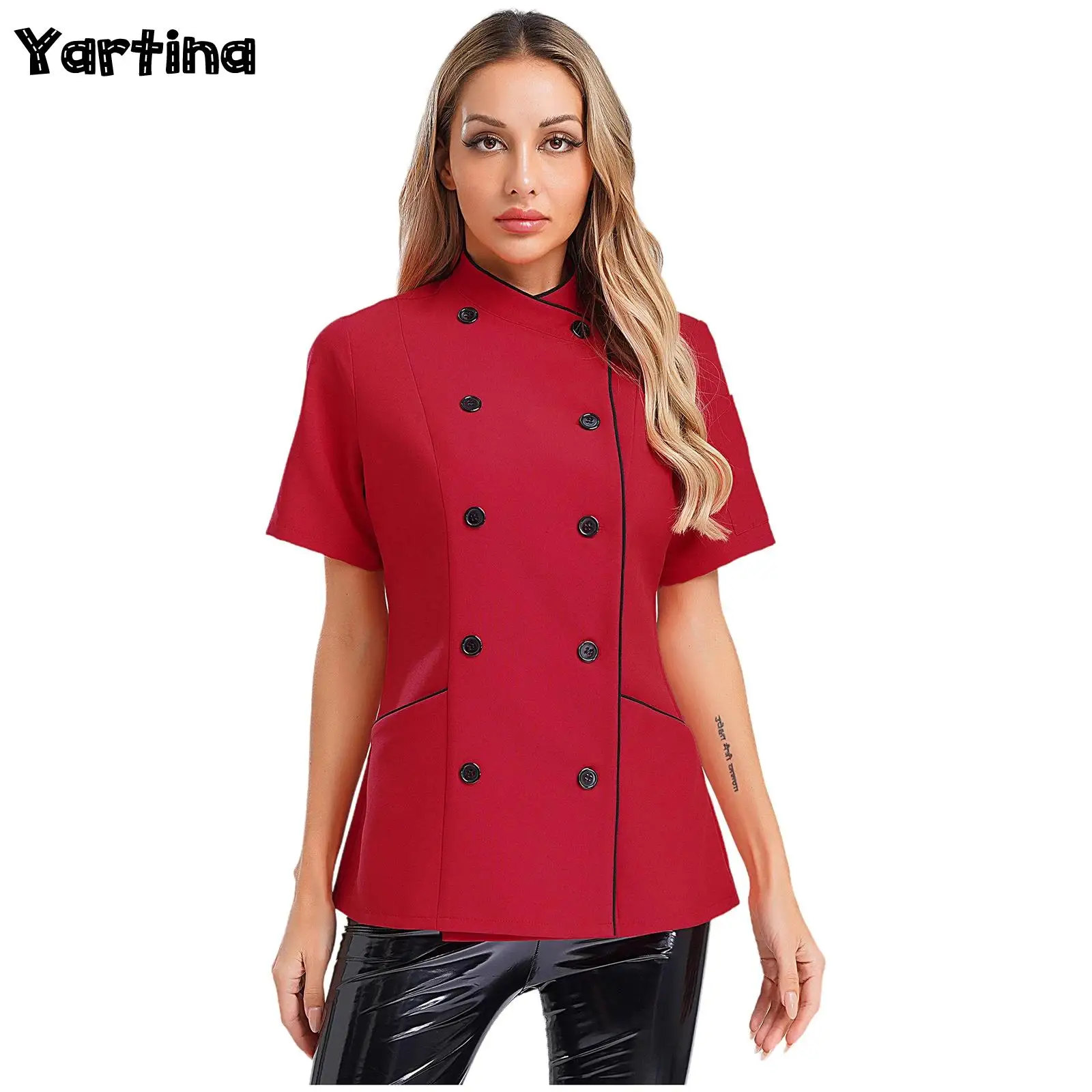 Frauen Kurzarm Koch Mantel Restaurant Hotel Arbeiten Kleidung Cross-Over Kragen Zweireiher Jacke Küche Chef Koch Uniform Image