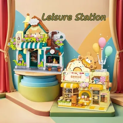 Teddy Kaffee Dessert Haus Bausteine Spleißen Spielzeug Kleine Partikel Street View Modelle Desktop Image