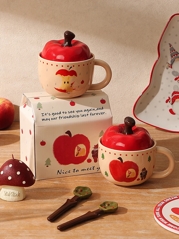Niedliche Apfelbecher mit Deckel und Löffel, Tasse für Mädchen, Handgeschenk, Geburtstagsgeschenk für die beste Freundin, Büro-Trinkglas, süßes Geburtstagsgeschenk Image