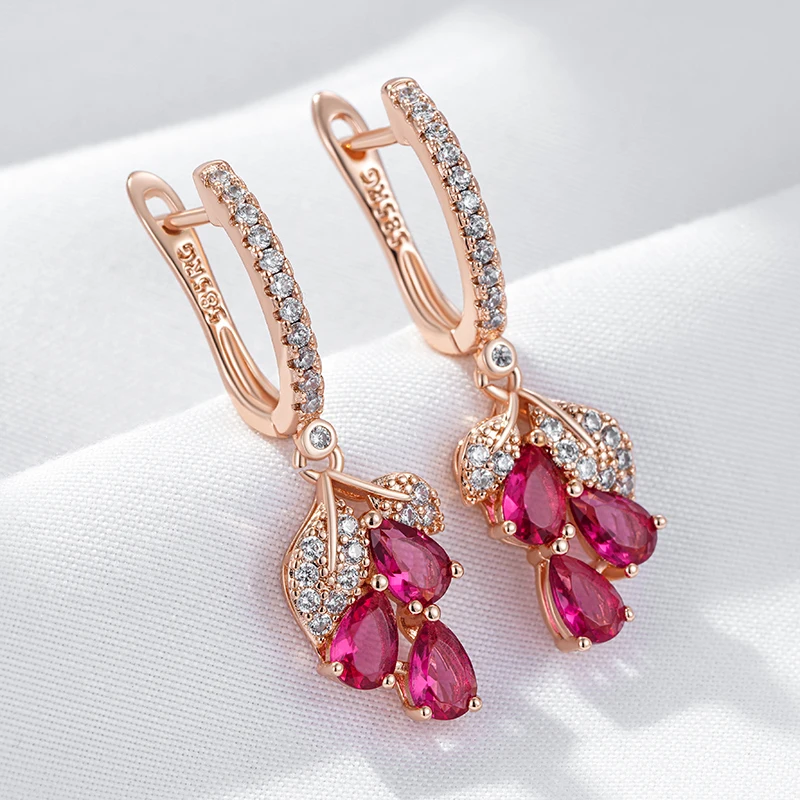 Wbmqda Rote Granatapfel Blume Lange Tropfen Ohrringe Für Frauen 585 Rose Gold Farbe Luxus Elegante Zirkon Schmuck Zubehör